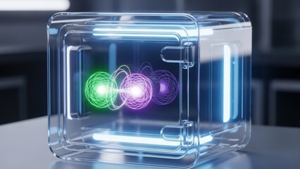 Three glowing quantum particles inside a glass containment unit.