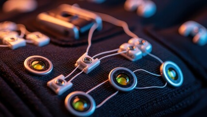 Close-up of futuristic wearable technology with sensors.