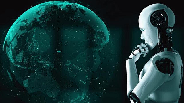 AI robot huminoid uses cloud computing technology to store data on online server . Futuristic concept of cloud information storage analyzed by machine learning process . 3D rendering .