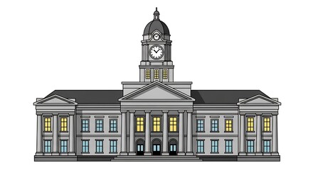 Courthouse Illustration Vector of Government Building with Clock Tower, and Day or Night.