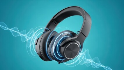 Wireless headphones with audio waveform on a turquoise background.