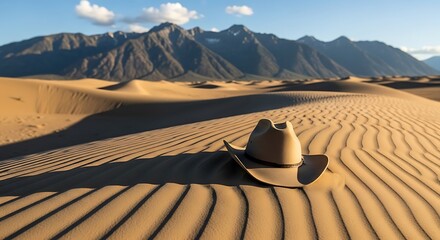 Cowboy hat on sand dunes with mountain backdrop with scenic western landscape.