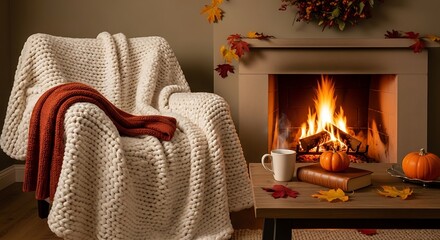 Cozy Autumn Scene Armchair with Fireplace, Pumpkins, and and Fall Comfort.