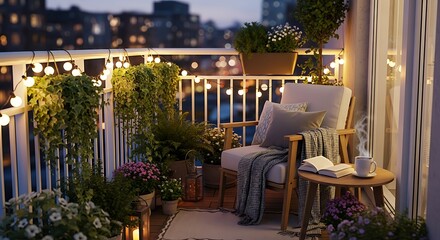Cozy balcony with fairy lights with armchair, and coffee and city view at dusk Relaxing outdoor space.