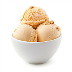 Creamy vanilla ice cream scoops in white bowl, on white background.