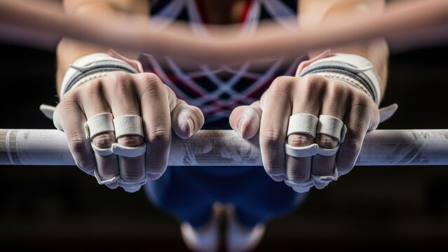 Close-up of a gymnast's chalked hands gripping a high bar.
