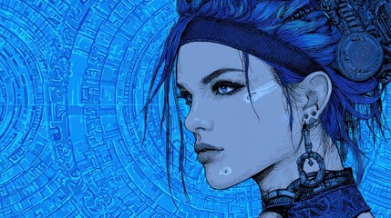 Cyberpunk portrait of a woman with blue hair and futuristic accessories