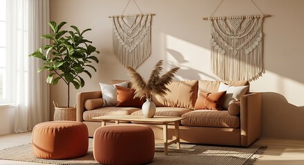 Cozy Bohemian Living Room Soft Sofa with Macrame, Dried Pampas, and Warm Sunlight.
