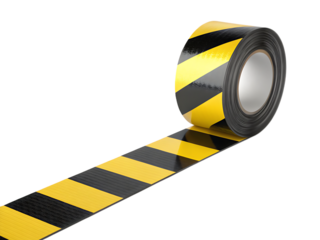 Close up of a roll of yellow and black striped hazard tape unrolling against a black background