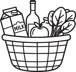 A black and white line art illustration of a shopping basket full of fresh groceries.