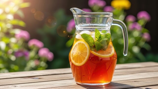 Glass pitcher of refreshing iced tea on an outdoor table.