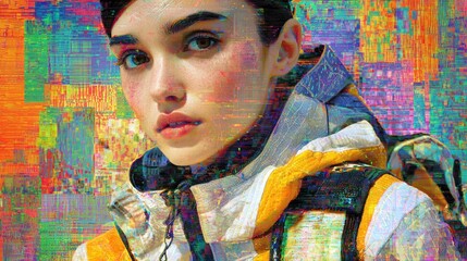 Portrait of a young woman in digital abstract style with transparent background