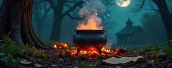 Mysterious Cauldron Bubbles Over Open Fire Under Spooky Halloween Night Sky, Surrounded by Herbs and Spellbook Pages - Perfect for Witchcraft, Magic, and Occult Themes