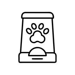 Vector art of outline icon of a pet food dispenser with a paw print automatic feeder for dogs and cats, providing portion control