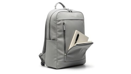A sleek gray modern backpack with an open front pocket showing a notebook and pen, on a white background.