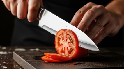 Close-up of hands slicing a red tomato with a professional chef's knife.