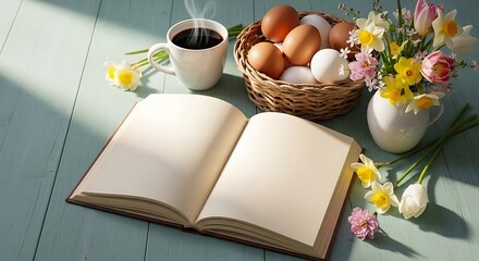 Cozy Easter Breakfast Scene Eggs with Coffee, Flowers, and Open Book on a Pastel Table.