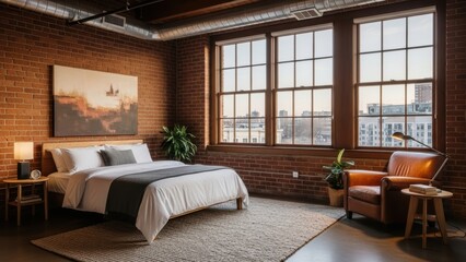 Fototapeta premium An industrial-style loft bedroom with exposed brick walls and large windows.