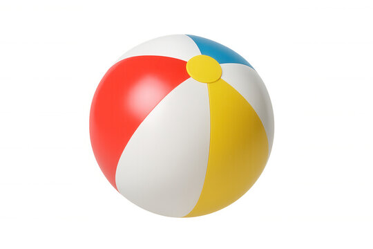 Inflatable beach ball with colorful red, blue, yellow, and white segments for summer fun, isolated with transparent background