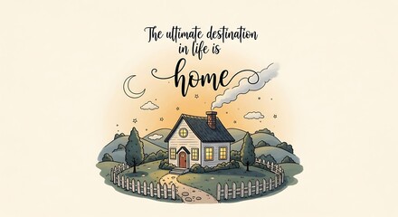 Cozy Home Illustration The ultimate destination in life is home quote with landscape.