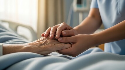 A caregiver or nurse gently holding the hand of an elderly patient in a hospital bed.