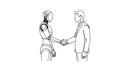 Vector human and robot shaking hands depicted with line art on a plain white setting view of the future