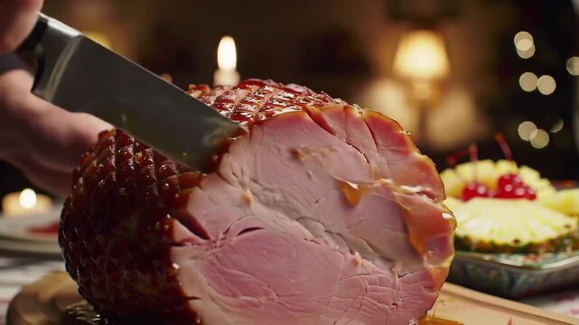 Close up of someone slicing a honey glazed ham on a cutting board for dinner, food, recipe, cooking, holiday meal, celebration, thanksgiving