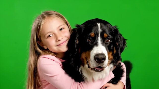 Adorable Young Girl Hugging Her Beloved Bernese Mountain Dog in a Studio Portrait with Green Screen Background