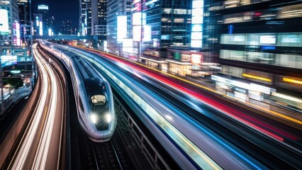 A high-speed bullet train creating light trails as it travels through a futuristic city at night.