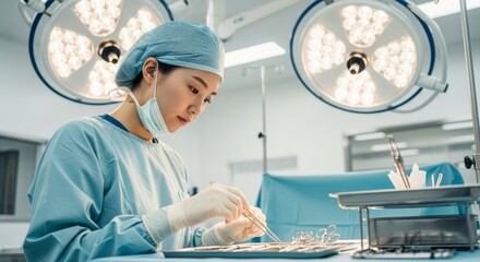Asian female surgeon performing precise surgical procedure with forceps under bright LED operating lights in modern hospital operating room