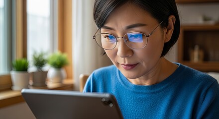 Asian woman wearing blue light blocking glasses reading tablet computer at home kitchen table with green plants on windowsill during daytime