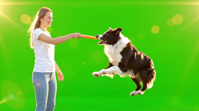 Active Woman Plays Fetch With Energetic Border Collie Dog Outdoors On Green Screen Background With Sun Flare