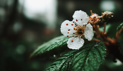 White flower with brown spots on it is covered in raindrops. The flower is surrounded by green leaves