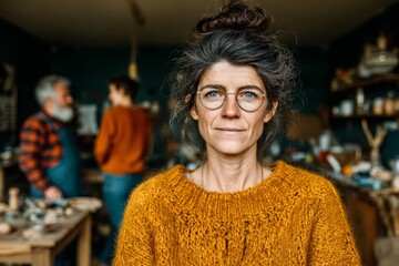 Fototapeta premium Woman with glasses and a yellow sweater is smiling at the camera. She is surrounded by other people