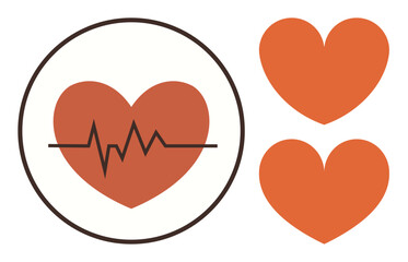 Red heart with a heartbeat line inside a circle, accompanied by two solid orange hearts. Ideal for healthcare, wellness, love, cardiology, health awareness, fitness and relationship concepts. Simple