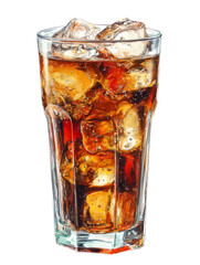 Refreshing glass of cola with ice cubes on a black background.