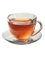 A transparent teacup filled with tea sits on a saucer.
