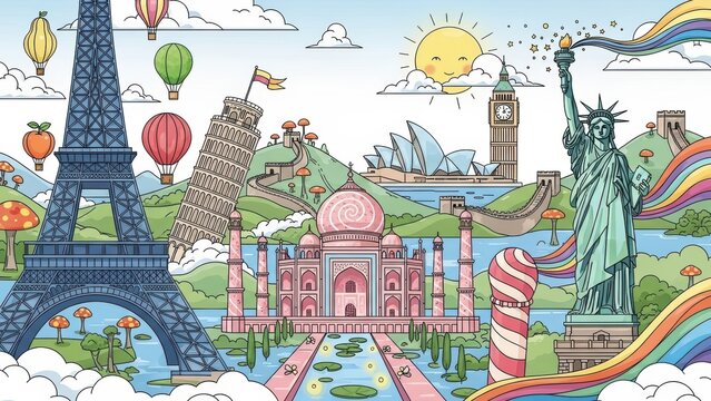 Cartoon collage of famous world landmarks for travel concepts.