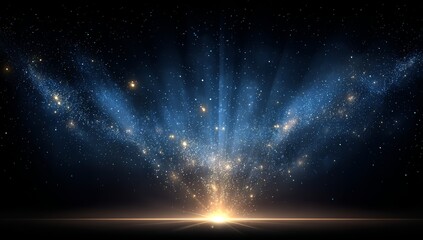 Bright blue starry sky with a bright light shining down on it. The light is surrounded by a lot of stars