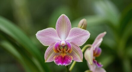 Close-up of a delicate orchid with soft pink and mauve petals, a vibrant center