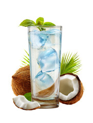 Refreshing coconut water cocktail with ice and mint, perfect for summer.