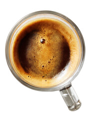 Overhead shot of a clear glass mug filled with rich, dark espresso coffee.
