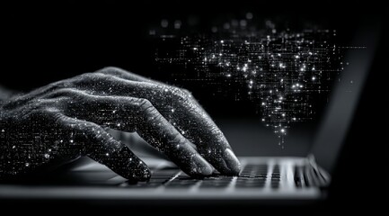 Hand is typing on a laptop keyboard with a black background. Concept of technology and modernity