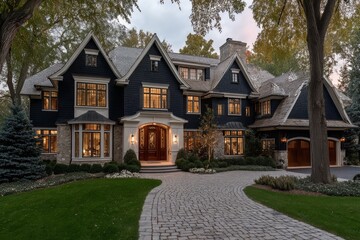 Large house with a black roof and a white trim. The house has a large driveway and a brick walkway