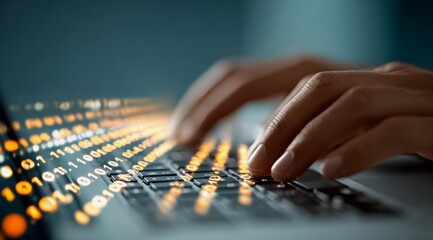 Person is typing on a keyboard with a glowing screen behind them. Concept of technology and productivity