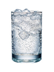 Refreshing glass of sparkling water with ice cubes.