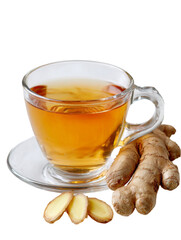 Ginger tea in a clear glass cup with ginger root and slices.