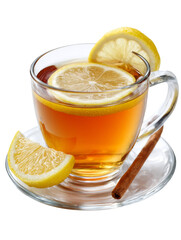 A refreshing cup of tea with lemon and cinnamon, perfect for a cozy moment.