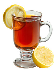 A refreshing glass of hot tea with a lemon slice, perfect for a cozy moment.