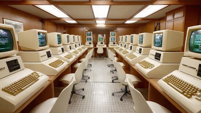 Retro Computing Center: A nostalgic glimpse into the past, showcasing a computing center filled with vintage computer systems lined up, with monitors and keyboards awaiting interaction.